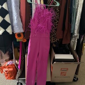Women’s Feather-Trim Jumpsuit in Magenta